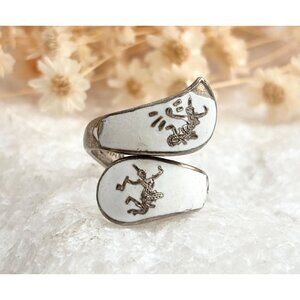White Guilloche Wrap Siam Thai Made 925 Sterling Silver Vintage Ring - sz 5.75